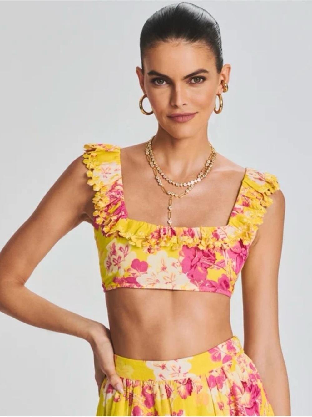 Hemant & Nandita Auril Floral Ruffle Crop Top NWT XXS Yellow Linen